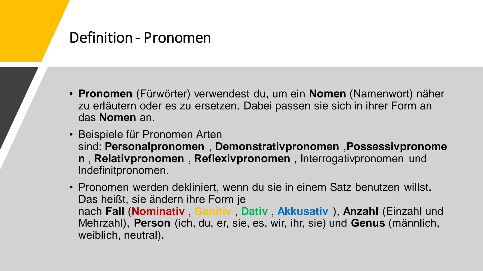 FLBK-Hamm
HH1H
Deutsch: Herr. Stöppel
Miguel, Daniel, Benedikt, Sinan, Eymen
Pronomen
Pronomen (Fürwörter) verwendest du, um ein Nomen (Name