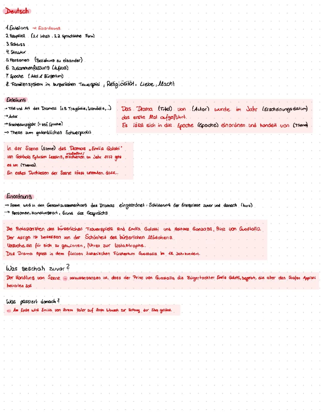Emilia Galotti Deutschlektüre Zusammenfassung und Lernzettel 