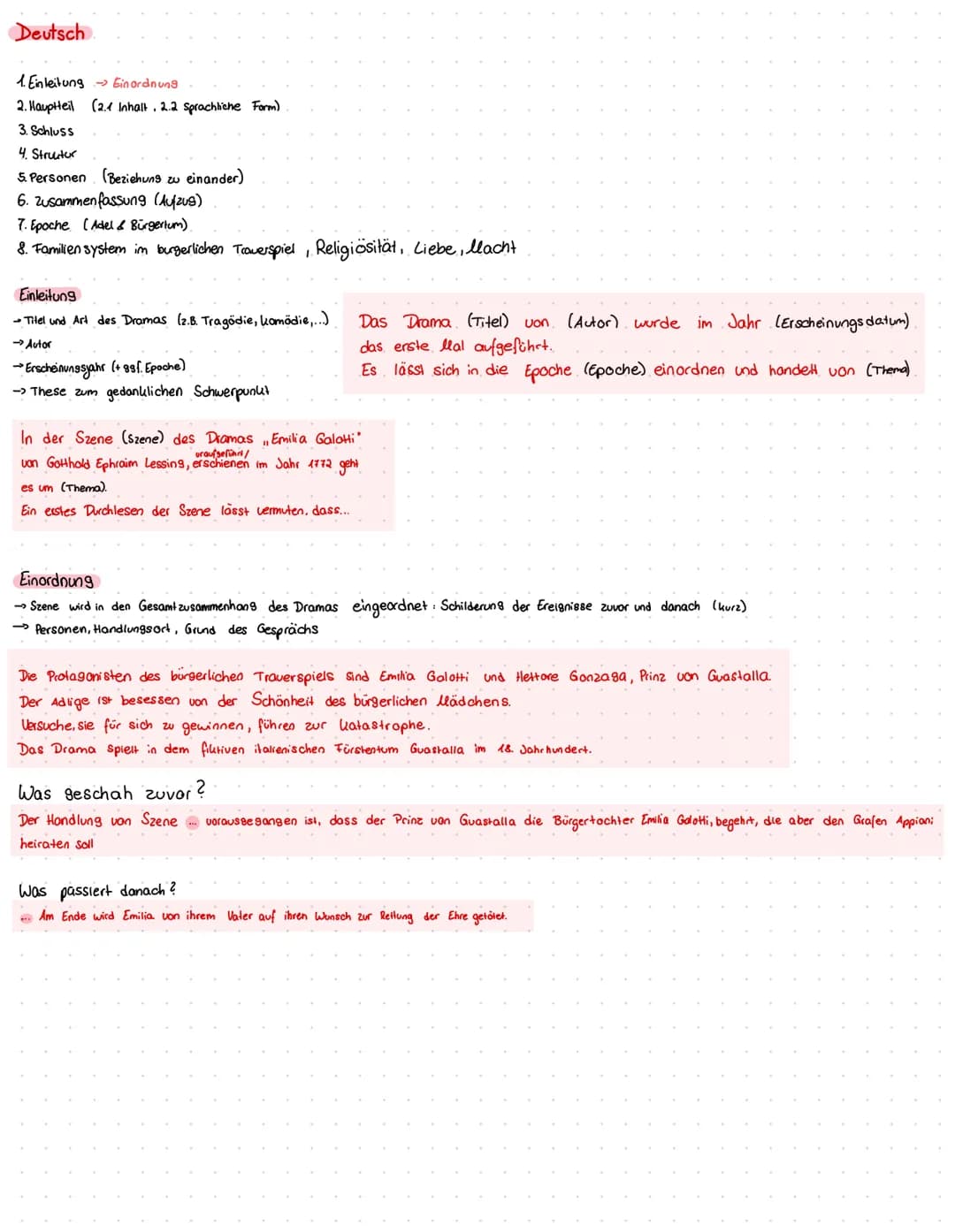 Deutsch
1. Einleitung Einordnung
2. Hauptteil (2.1 Inhalt. 2.2 sprachliche Form)
3. Schluss
4. Structur
5. Personen (Beziehung zu einander)
