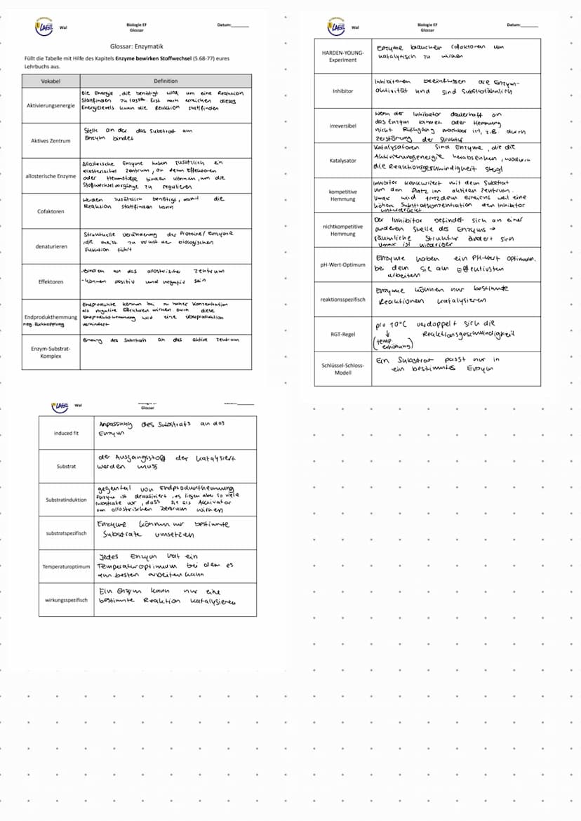 Enzymatik - Klausur, 11.5.2021
Tipp: Schaut euch die Begriffe im Glossar an und stellt sicher, dass ihr die Begriffe zuordnen könnt und unte