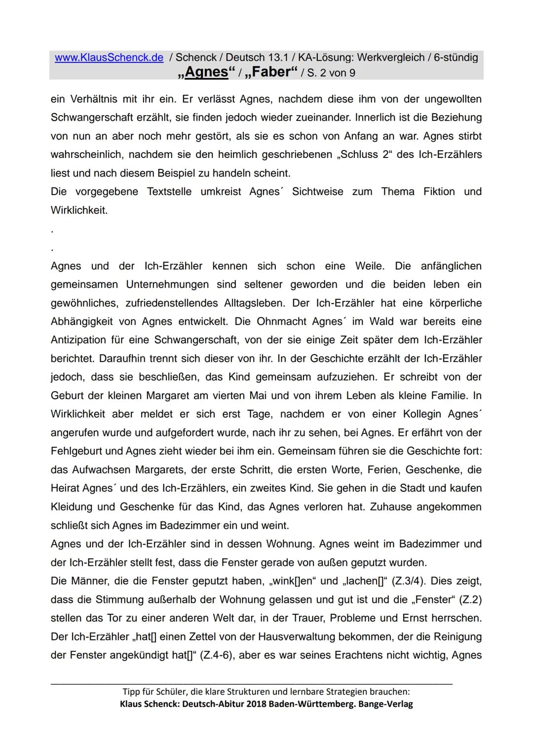 www.KlausSchenck.de / Schenck / Deutsch 13.1/KA-Lösung: Werkvergleich / 6-stündig
„Agnes“ / „Faber" / S. 1 von 9
Aufgaben:
1. Interpretiere 