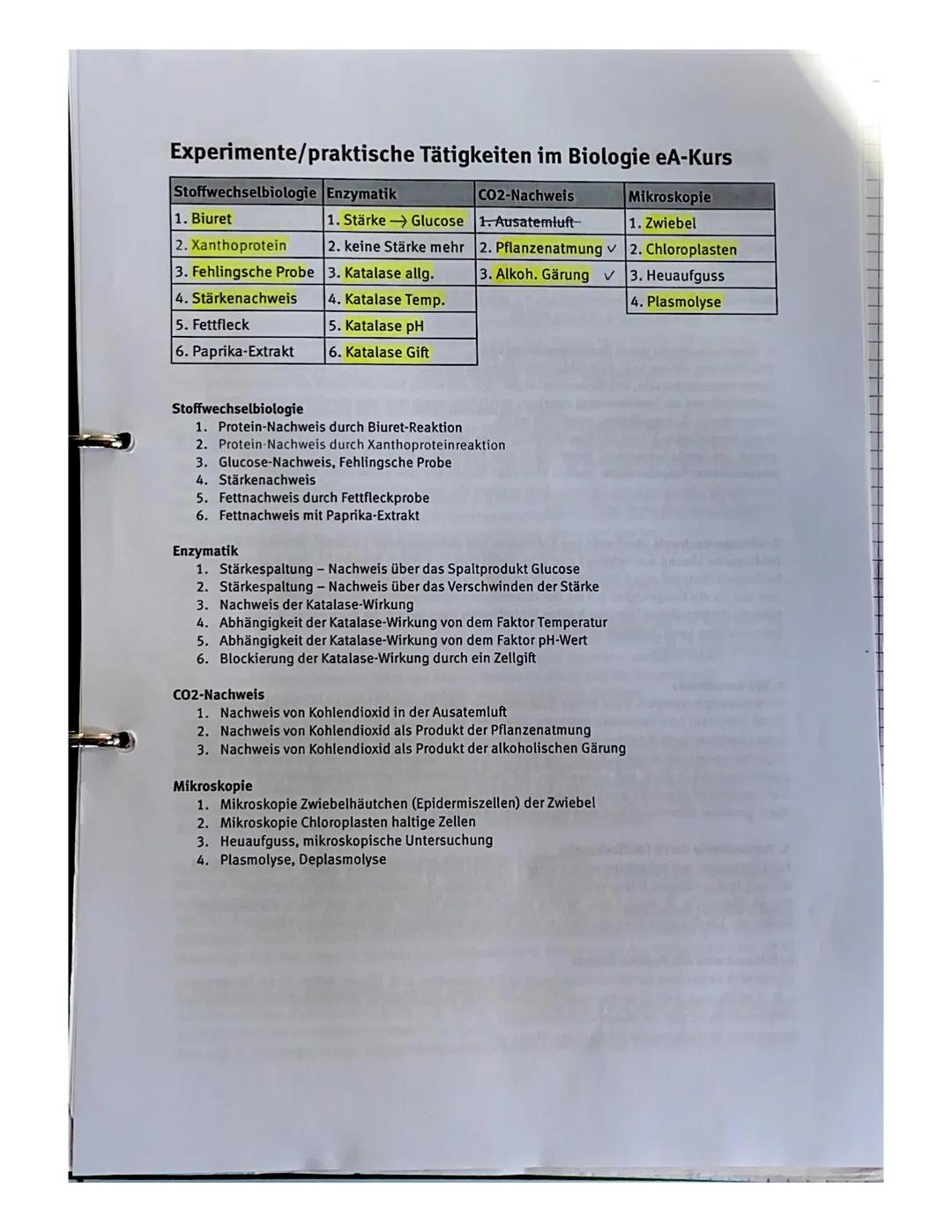 Experimente/praktische Tätigkeiten im Biologie eA-Kurs

| Stoffwechselbiologie | Enzymatik | CO2-Nachweis | Mikroskopie |
|---|---|---|---|
