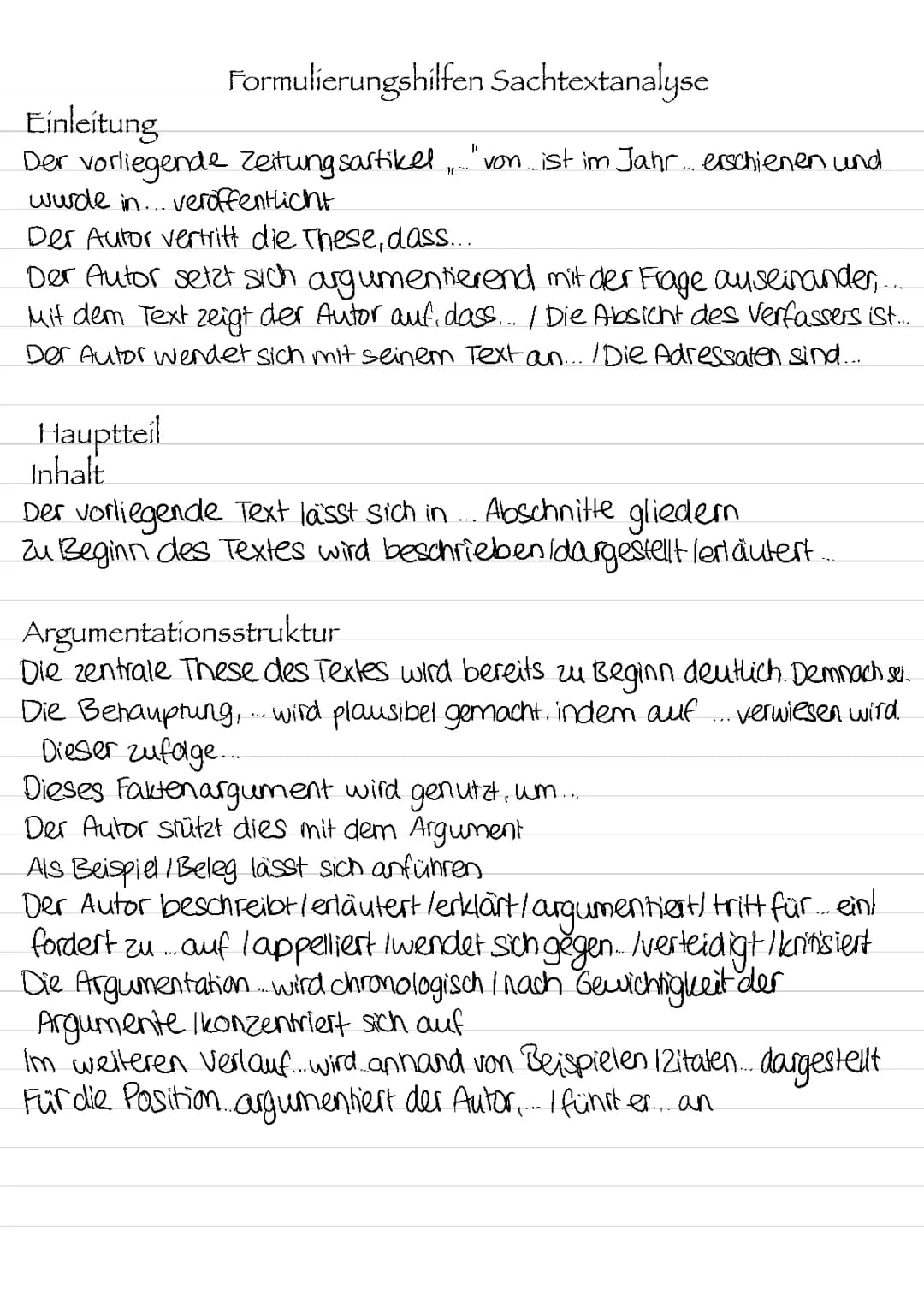 Formulierungshilfen Sachtextanalyse