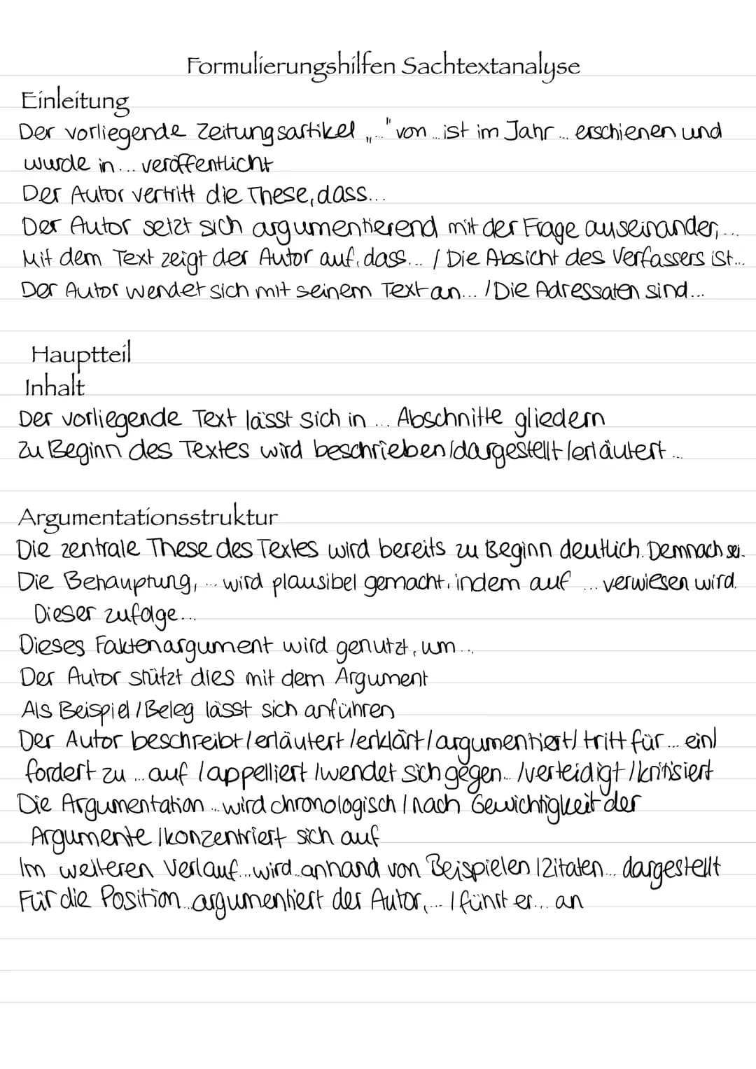 Formulierungshilfen Sachtextanalyse
Einleitung
Der vorliegende Zeitungsartikel. "von ist im Jahr. erschienen und
wurde in... veröffentlicht
