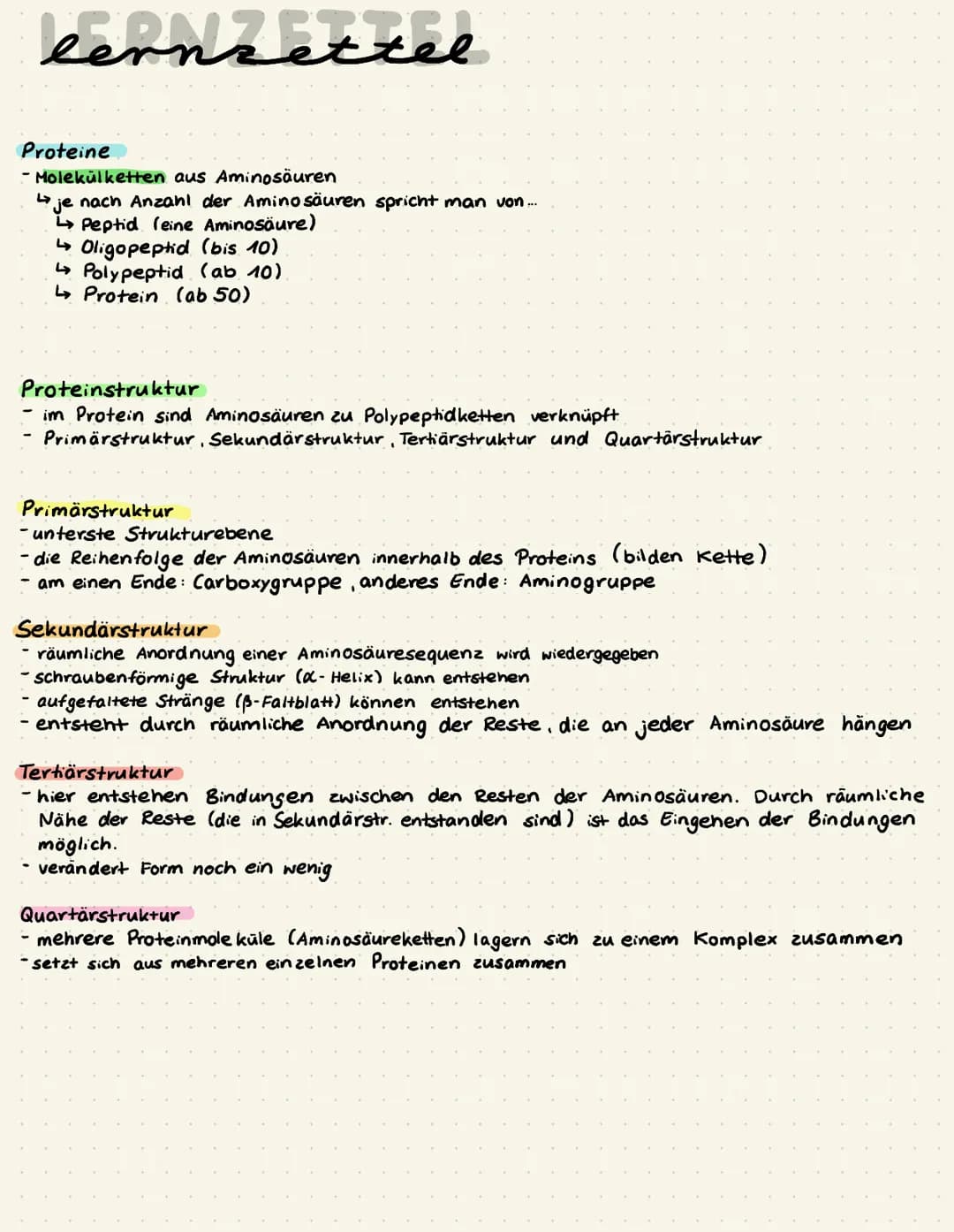 Proteine
- Molekülketten aus Aminosäuren
L> je nach Anzahl der Aminosäuren spricht man von...
Peptid (eine Aminosäure)
Oligopeptid (bis 10)
