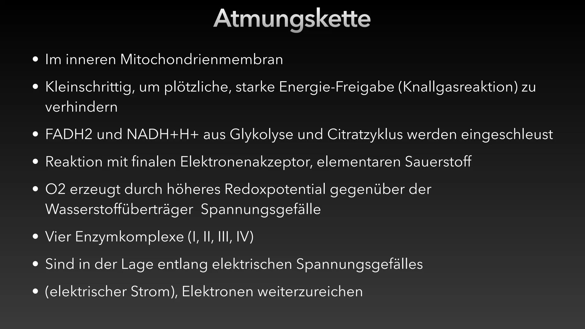 Zellatmung/Dissimilation
Glucose
-H*
Pyruvat
CO₂
Glykolyse
NADH/H
NAD
Atmungskette-
Citratzyklus CO₂
CO₂
Acetyl-CoA
H₂O ●
Allgemein
●
Inhalt