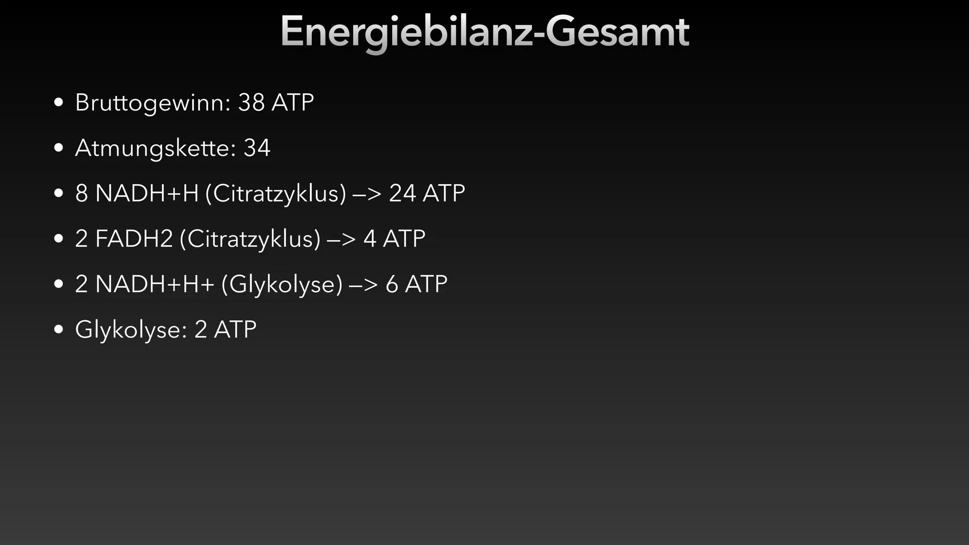 Zellatmung/Dissimilation
Glucose
-H*
Pyruvat
CO₂
Glykolyse
NADH/H
NAD
Atmungskette-
Citratzyklus CO₂
CO₂
Acetyl-CoA
H₂O ●
Allgemein
●
Inhalt