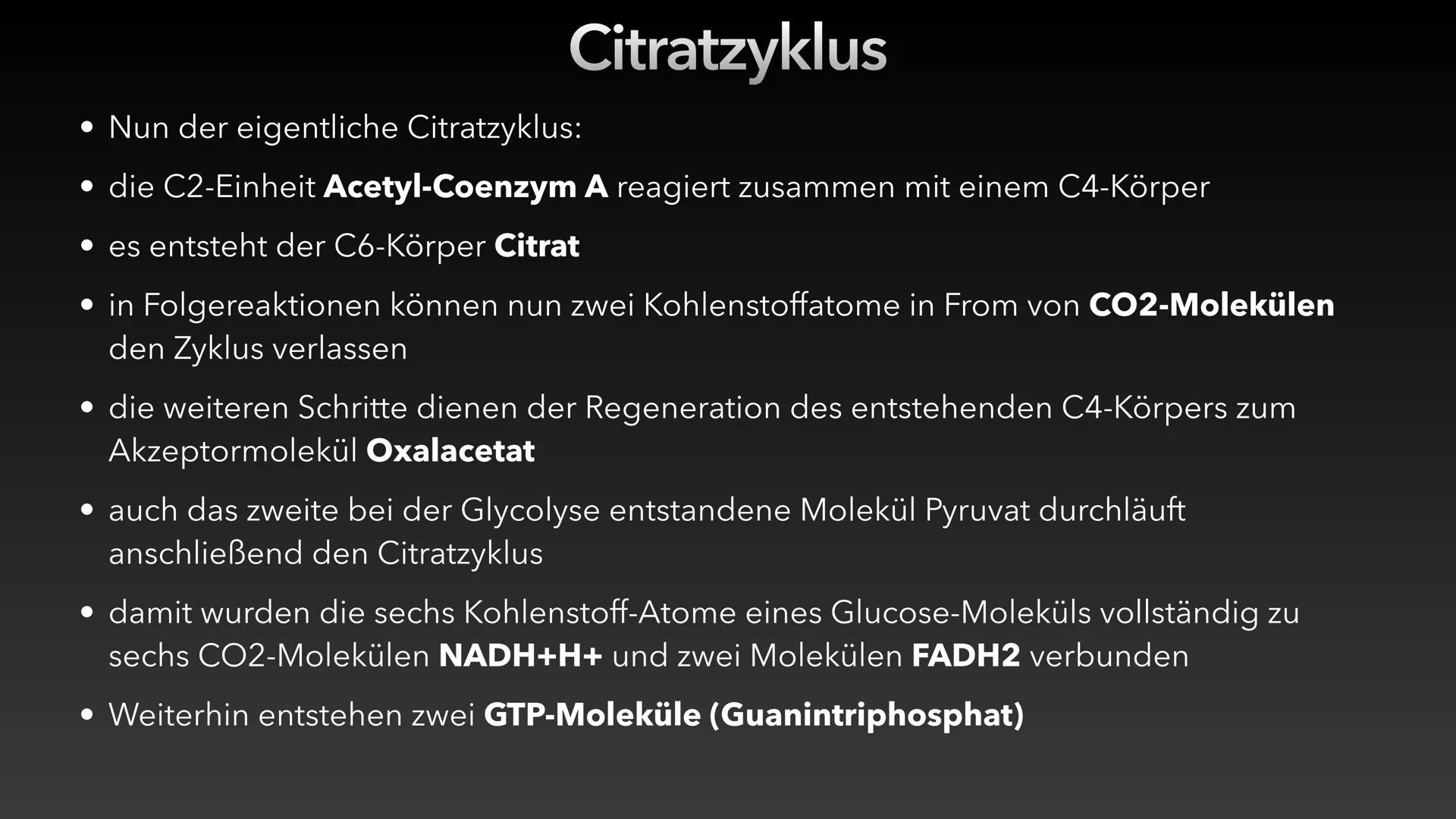 Zellatmung/Dissimilation
Glucose
-H*
Pyruvat
CO₂
Glykolyse
NADH/H
NAD
Atmungskette-
Citratzyklus CO₂
CO₂
Acetyl-CoA
H₂O ●
Allgemein
●
Inhalt