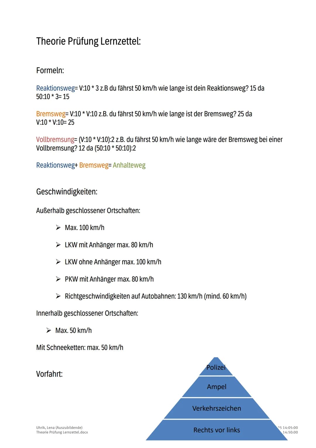 --- OCR Start ---
Theorie Prüfung Lernzettel:
Formeln:
Reaktionsweg=V:10*3z.B du fährst 50~km/h wie lange ist dein Reaktionsweg? 15 da
50:10