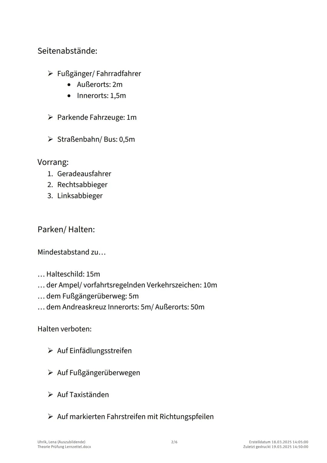 --- OCR Start ---
Theorie Prüfung Lernzettel:
Formeln:
Reaktionsweg=V:10*3z.B du fährst 50~km/h wie lange ist dein Reaktionsweg? 15 da
50:10