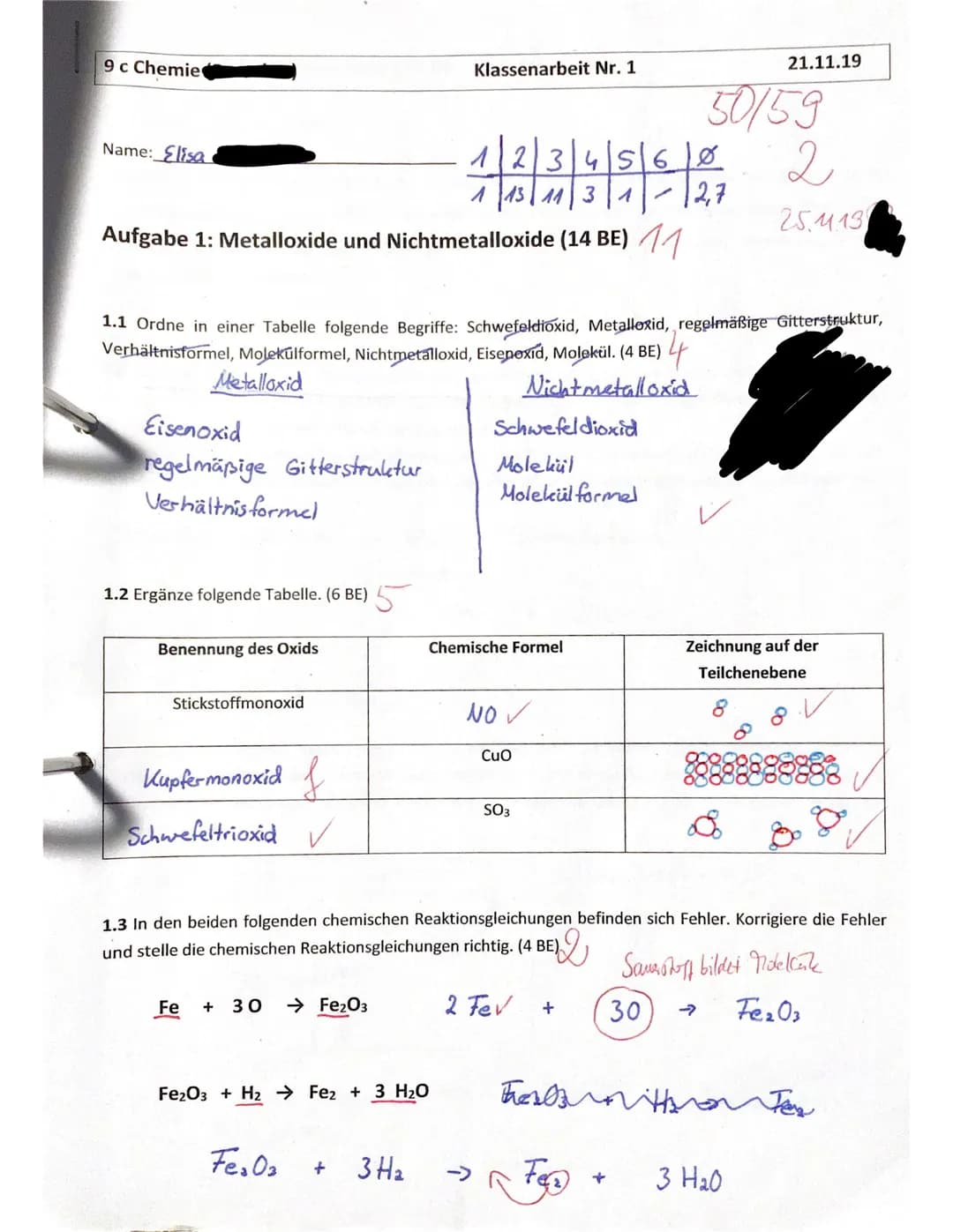 9 c Chemie
Name: Elisa
123456/0
113 113 1
Aufgabe 1: Metalloxide und Nichtmetalloxide (14 BE) 11
Eisenoxid
regelmäßige Gitterstruktur
Verhäl