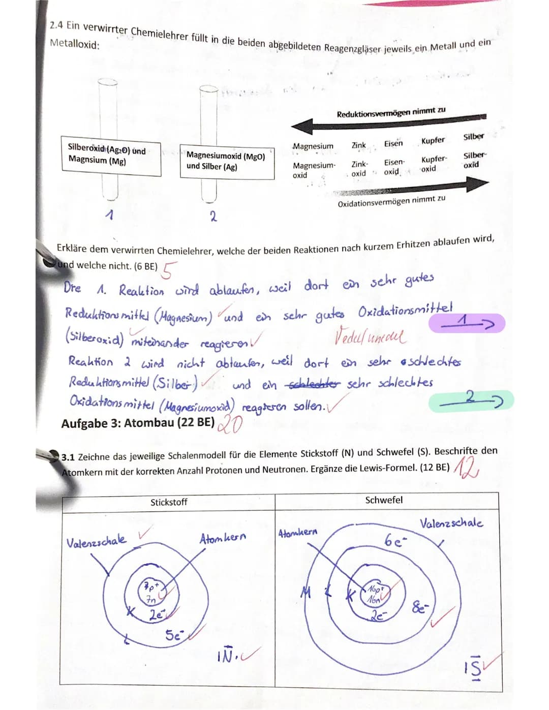 9 c Chemie
Name: Elisa
123456/0
113 113 1
Aufgabe 1: Metalloxide und Nichtmetalloxide (14 BE) 11
Eisenoxid
regelmäßige Gitterstruktur
Verhäl