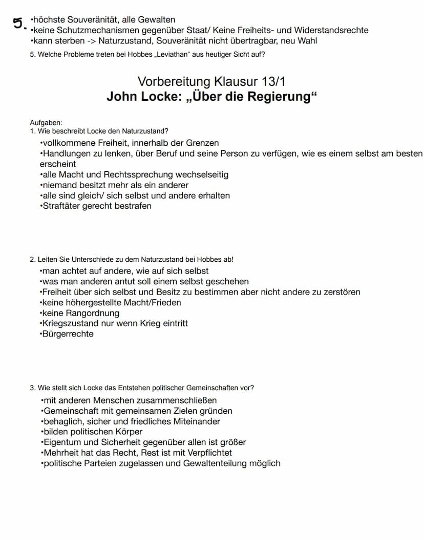 Vorbereitung Klausur 13/1
Thomas Hobbes: ,,Leviathan"
Aufgaben:
1. Beschreiben Sie den Naturzustand!
•Menschen befinden sich im Kriegszustan