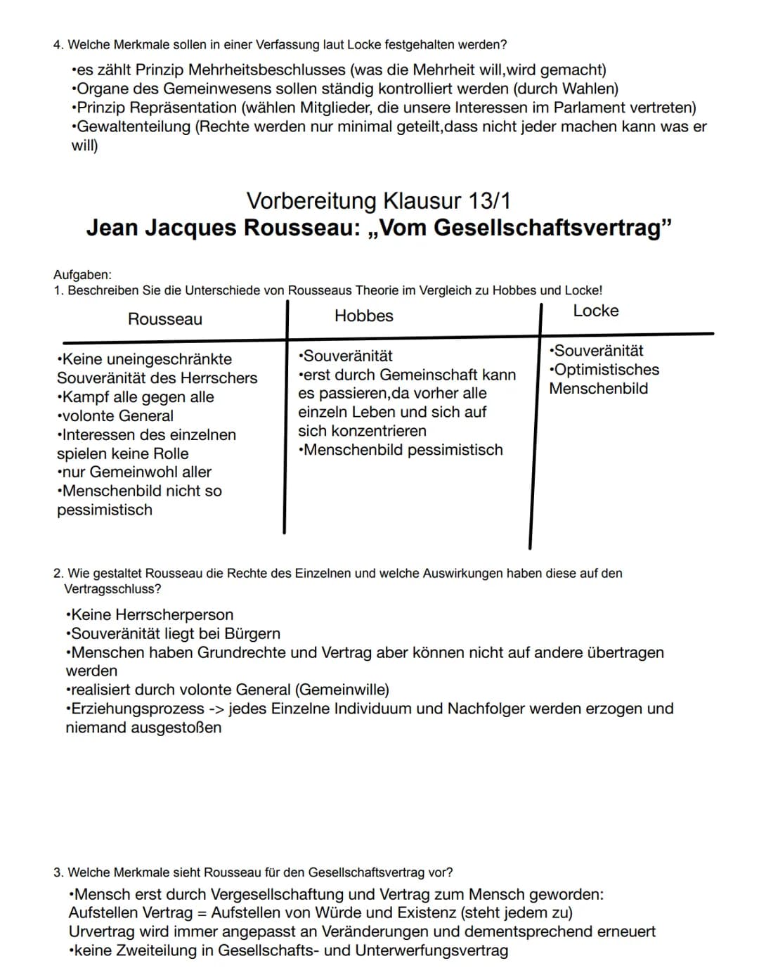 Vorbereitung Klausur 13/1
Thomas Hobbes: ,,Leviathan"
Aufgaben:
1. Beschreiben Sie den Naturzustand!
•Menschen befinden sich im Kriegszustan