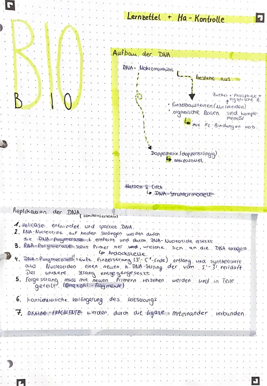 BIO
B 10
Lernzettel + Ha - Kontrolle
Aufbau der DNA.
DNA- Makromolekunl
besteht aus
Natson & Crick
Zucker + Phosphat +
organische B.
Doppelh