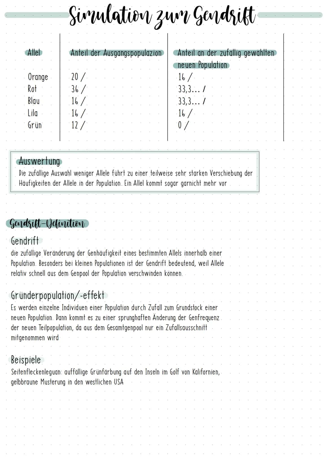 Allel
Orange
Rot
Blau
Lila
Grün
Simulation zum Gendrift
Anteil der Ausgangspopulazion Anteil an der zufällig gewählten
neuen Population
16/
