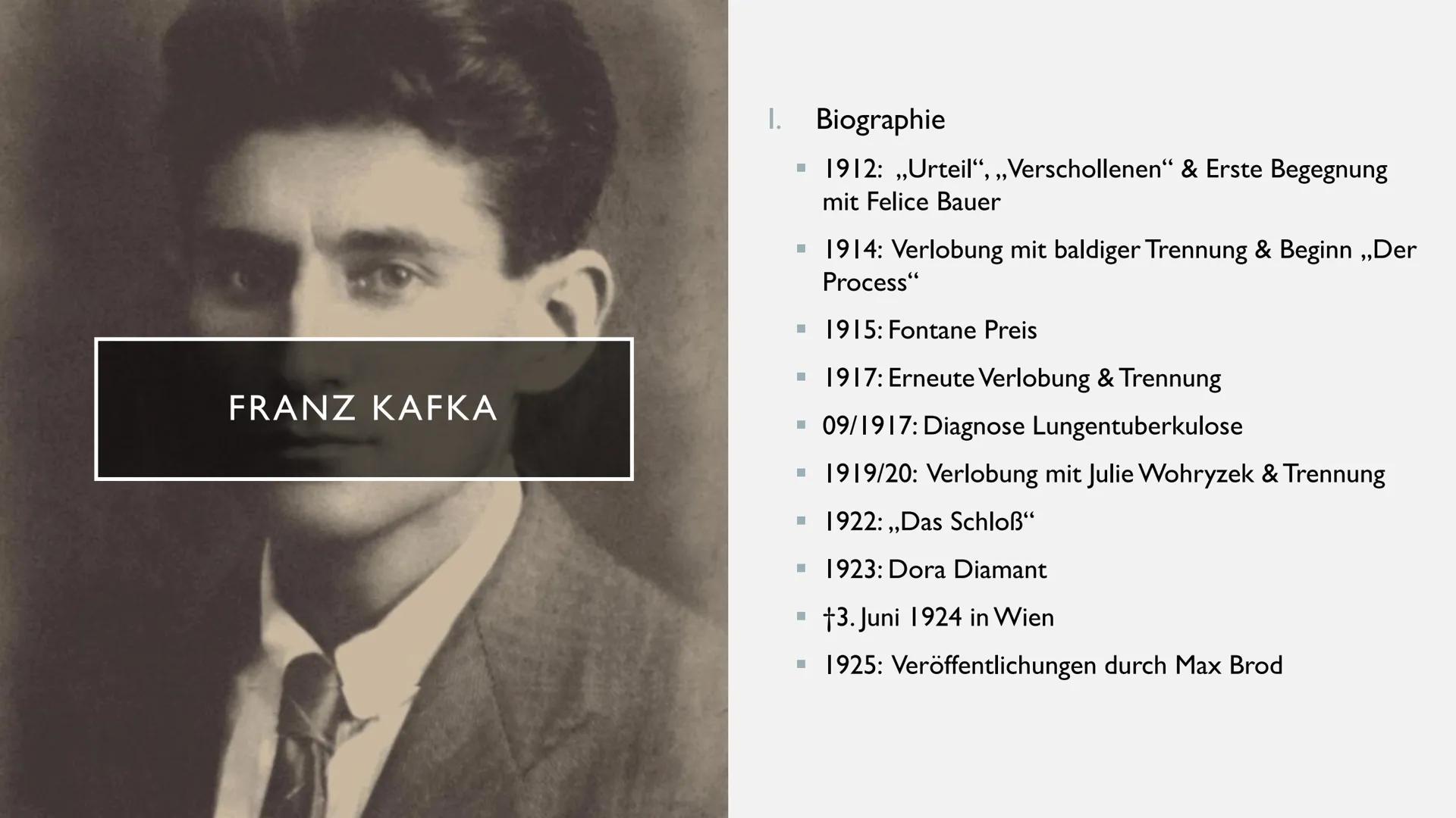 FRANZ KAFKA
LEBEN & WERK
Präsentation von Marie Schirmer GLIEDERUNG
●
●
Franz Kafka
• Biographie
●
,,Der Process"
Figurenkonstellation & Cha