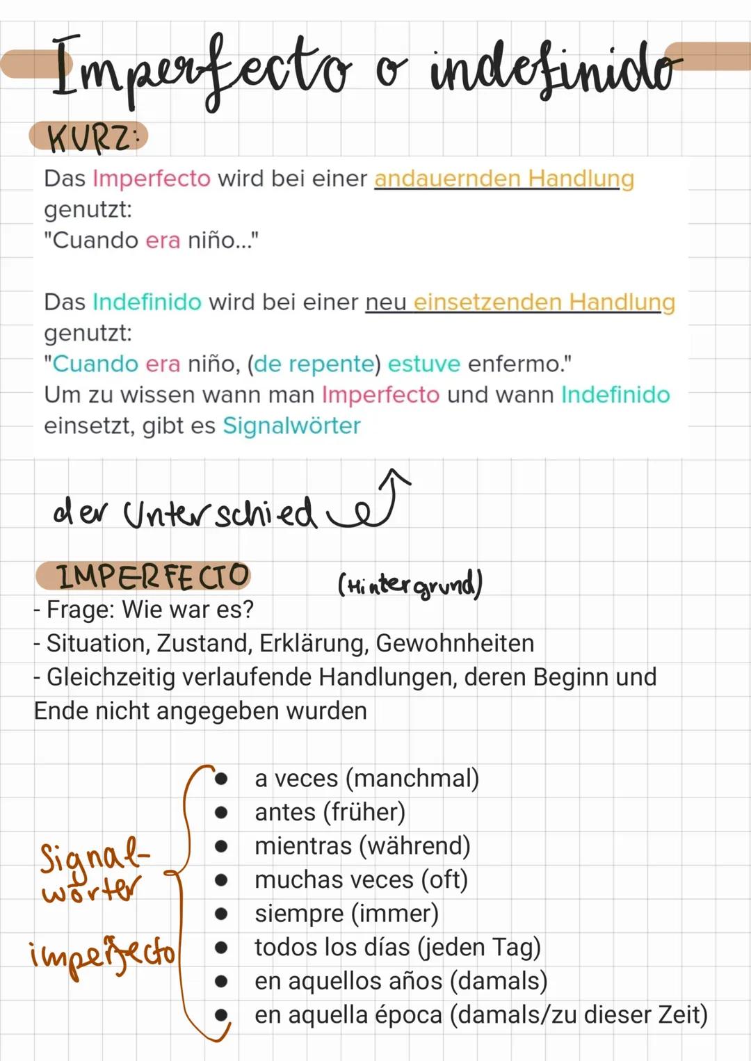 # Imperfecto o indefinido
KURZ:
Das Imperfecto wird bei einer andauernden Handlung
genutzt:
"Cuando era niño..."

Das Indefinido wird bei ei