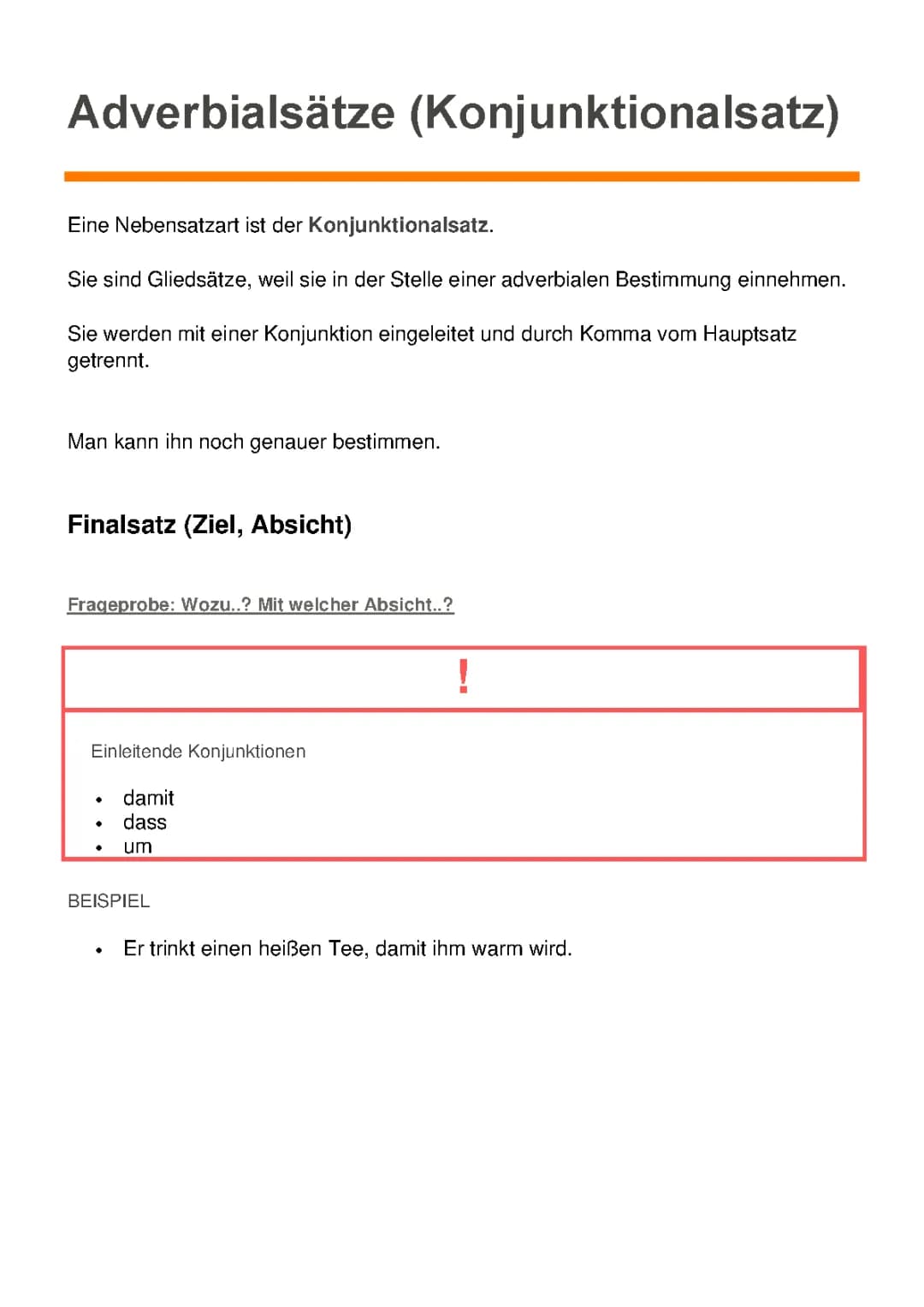 Adverbialsätze Tabelle und Übungen mit Lösungen für Klasse 7