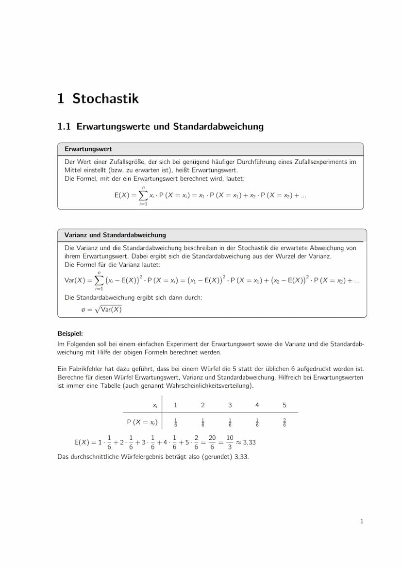 Inhaltsverzeichnis
1 Stochastik
1.1 Erwartungswerte und Standardabweichung.
Lösungen
1
1
4 1 Stochastik
1.1 Erwartungswerte und Standardabwe