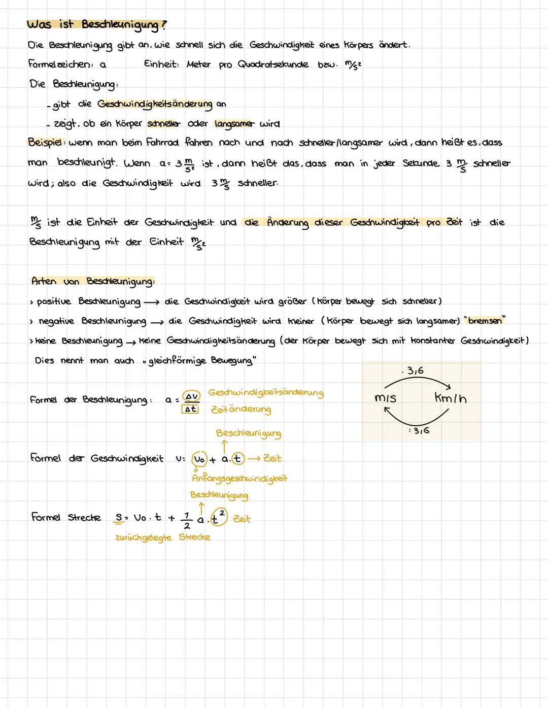 Was ist Beschleunigung?
Die Beschleunigung gibt an, wie schnell sich die Geschwindigkeit eines Körpers ändert.
Formel zeichen: a
Einheit: Me