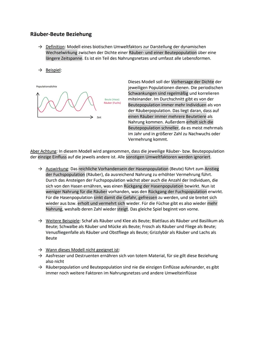 Räuber-Beute Beziehung
→ Definition: Modell eines biotischen Umweltfaktors zur Darstellung der dynamischen
Wechselwirkung zwischen der Dicht