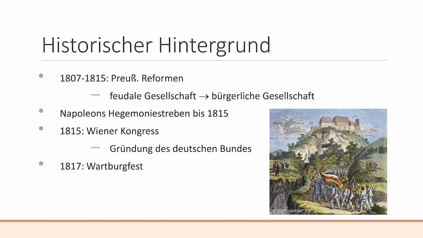 1
2
3
4
5
Historischer Hintergrund & Reaktionen:
O 1807-1815: Preuß. Reformen: feudale Gesellschaft → bürgerliche Gesellschaft
O Napoleons H