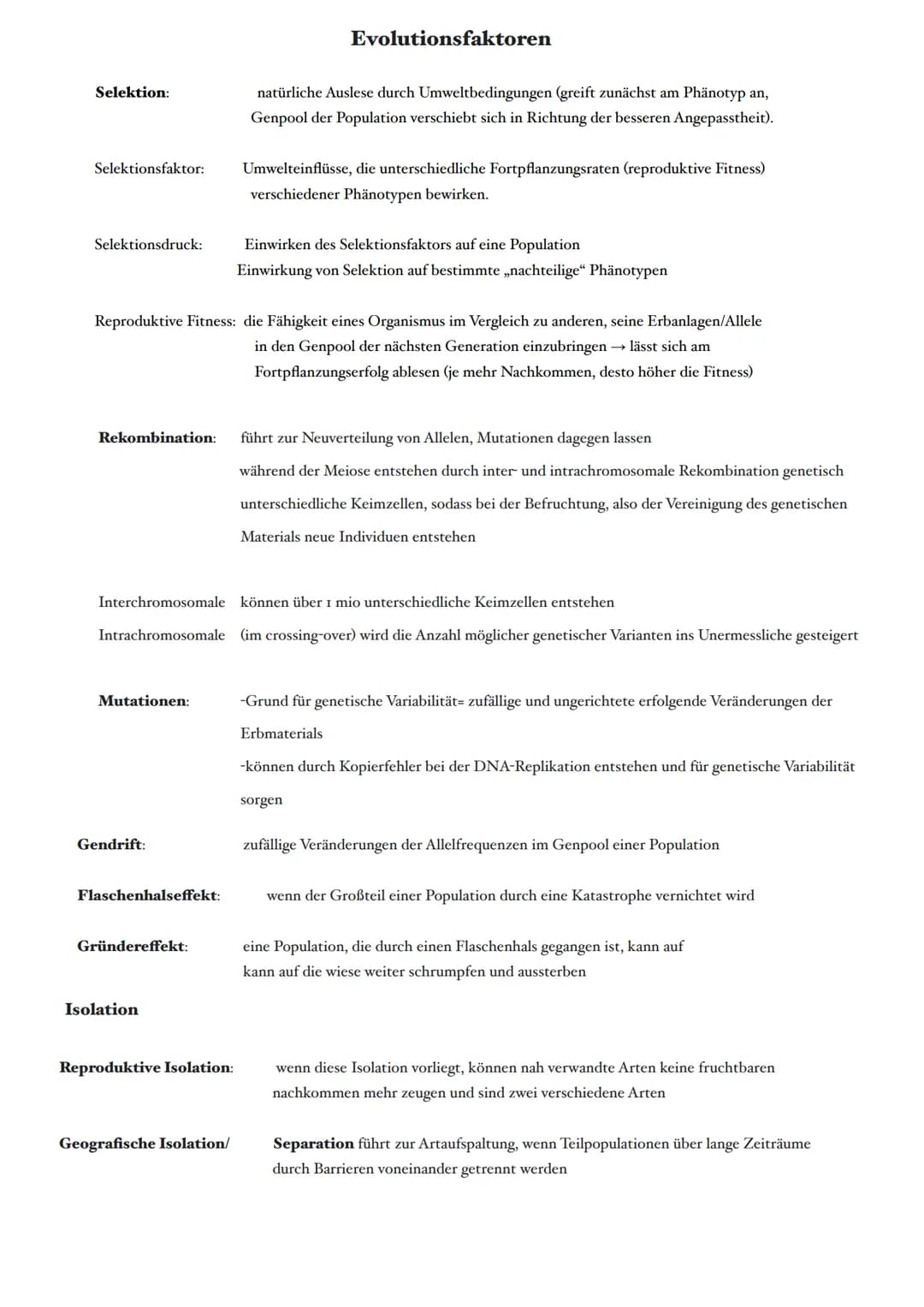Selektion:
Selektionsfaktor:
Selektionsdruck:
Mutationen:
Reproduktive Fitness: die Fähigkeit eines Organismus im Vergleich zu anderen, sein