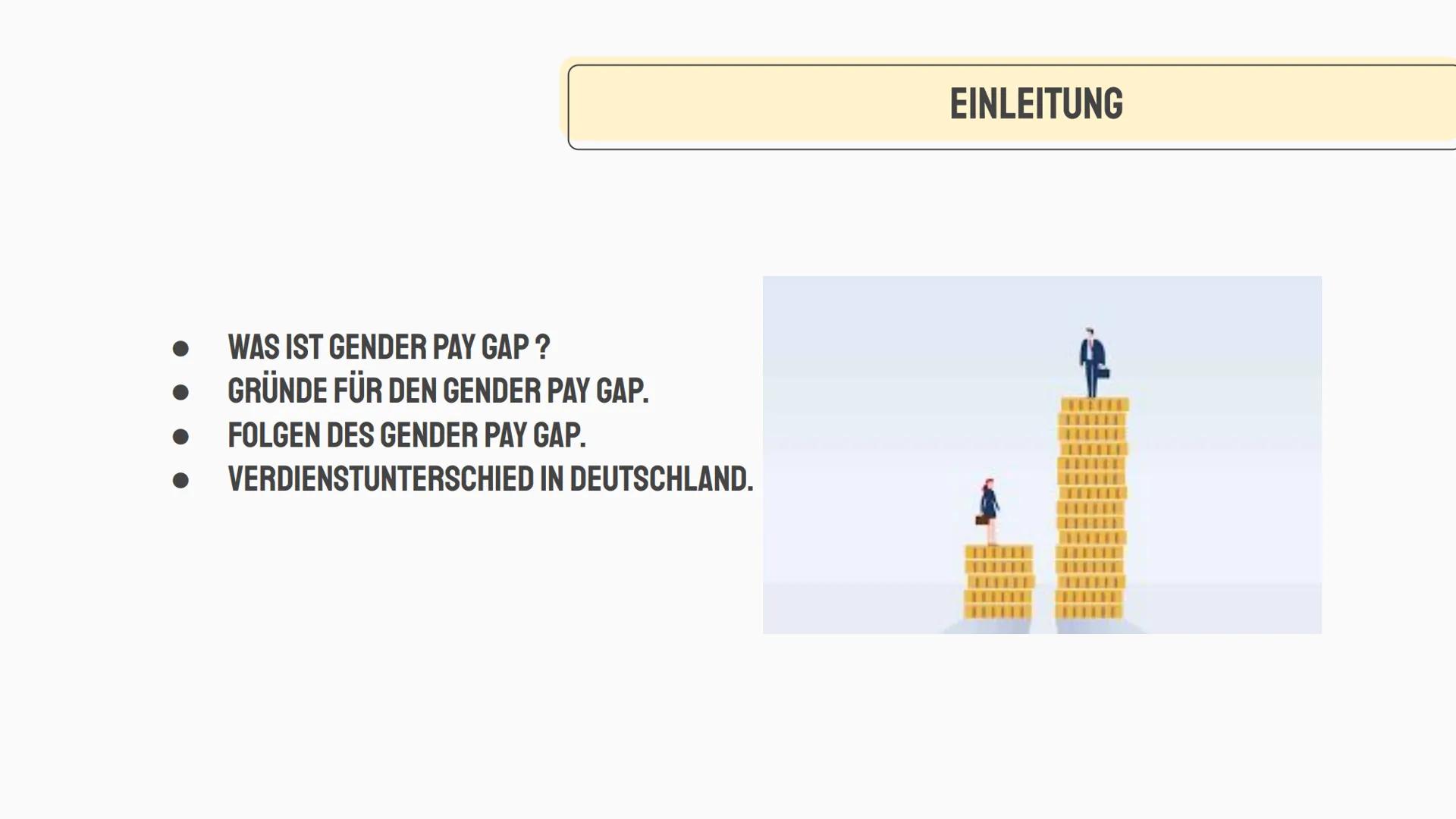 GENDER
PAY GAP
▬▬▬▬▬▬▬
LLL WAS IST GENDER PAY GAP ?
GRÜNDE FÜR DEN GENDER PAY GAP.
FOLGEN DES GENDER PAY GAP.
VERDIENSTUNTERSCHIED IN DEUTSC