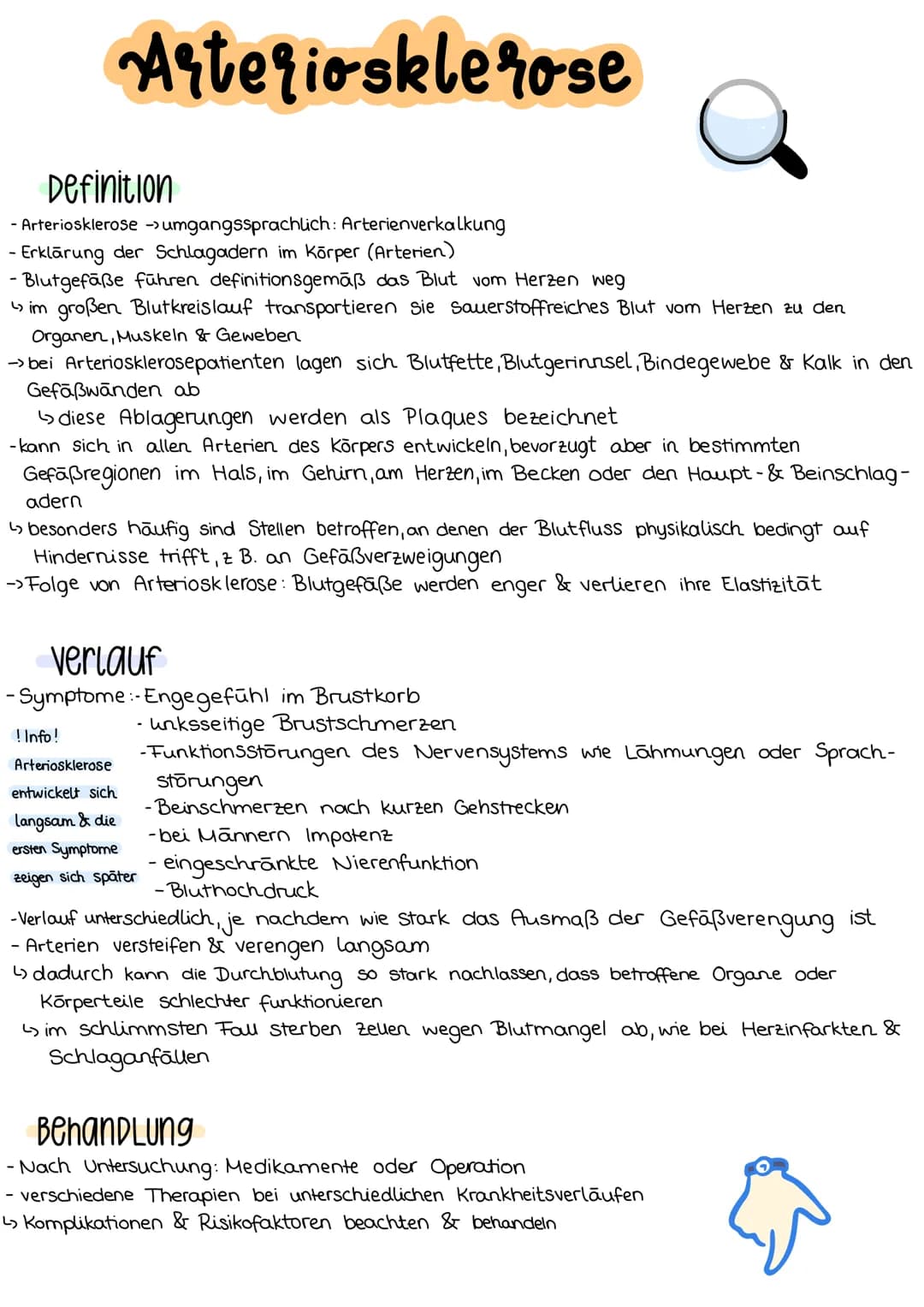 Arteriosklerose
Definition
- Arteriosklerose -> umgangssprachlich: Arterienverkalkung
- Erklärung der Schlagadern im Körper (Arterien)
- Blu