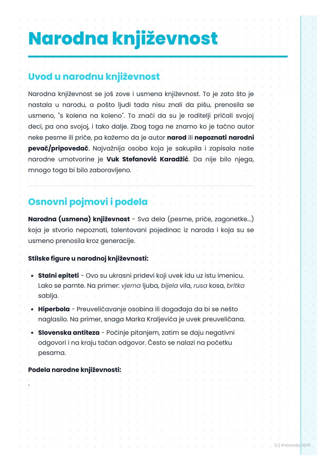 # Narodna književnost

Uvod u narodnu književnost

Narodna književnost se još zove i usmena književnost. To je zato što je
nastala u narodu,
