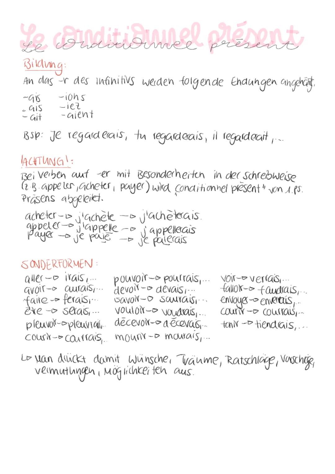 Le coriditionnel présent
Bildning:
An das -r des infinitivs werden folgende Endungen angehängt.
-ions
-iez
-Gient
-Gis
- 915
· Git
Bsp: Je r