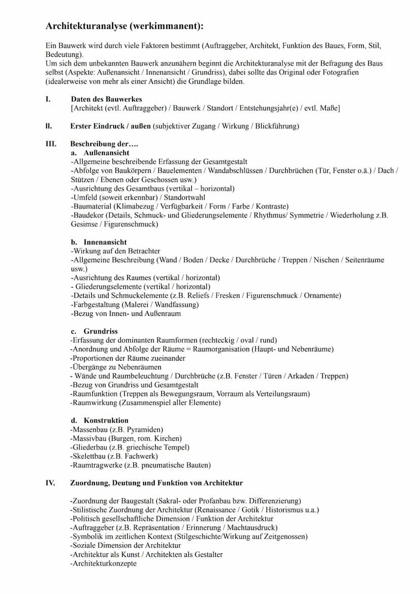 Analysechema Architektur
Ein Bauwerk wird durch viele Faktoren bestimmt (Auftraggeber, Architekt, Funktion des Baues, Form, Stil,
Bedeutung)