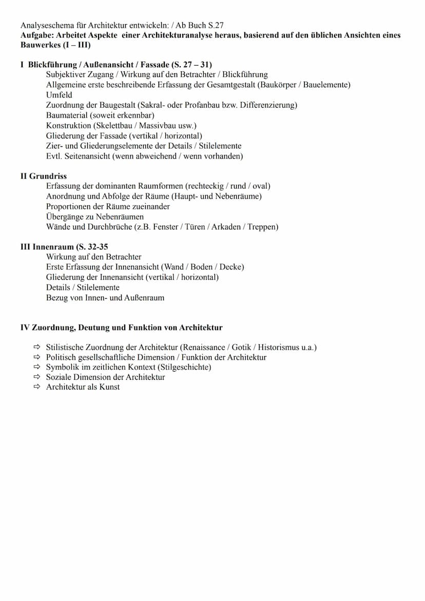 Analysechema Architektur
Ein Bauwerk wird durch viele Faktoren bestimmt (Auftraggeber, Architekt, Funktion des Baues, Form, Stil,
Bedeutung)