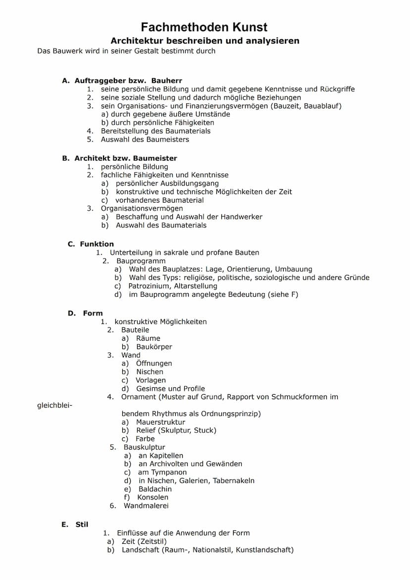 Analysechema Architektur
Ein Bauwerk wird durch viele Faktoren bestimmt (Auftraggeber, Architekt, Funktion des Baues, Form, Stil,
Bedeutung)