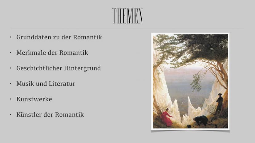ROMANTIK ●
●
●
Grunddaten zu der Romantik
Merkmale der Romantik
Geschichtlicher Hintergrund
Musik und Literatur
Kunstwerke
Künstler der Roma