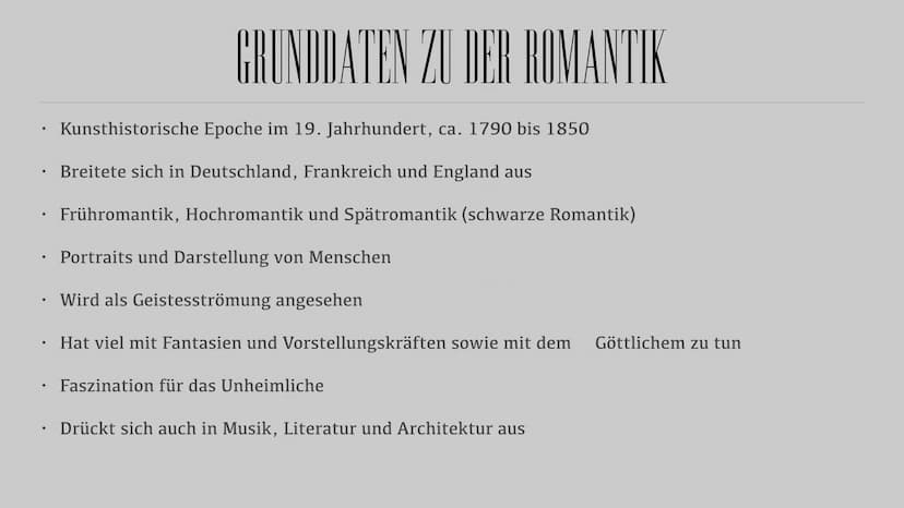 ROMANTIK ●
●
●
Grunddaten zu der Romantik
Merkmale der Romantik
Geschichtlicher Hintergrund
Musik und Literatur
Kunstwerke
Künstler der Roma
