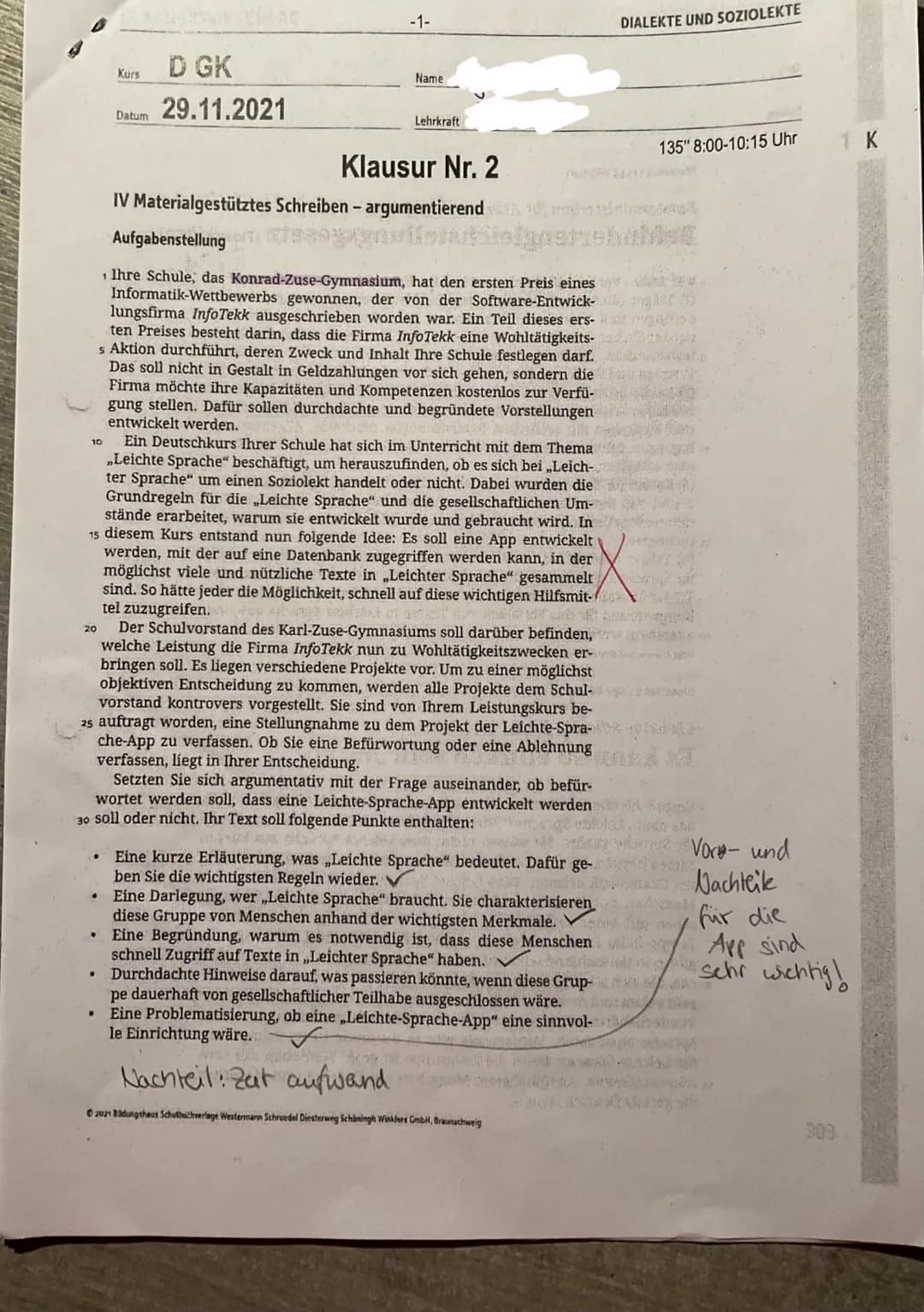 20
D GK
Datum 29.11.2021
•
Kurs
.
-1-
Name
Lehrkraft
10 Ein Deutschkurs Ihrer Schule hat sich im Unterricht mit dem Thema
Leichte Sprache" b