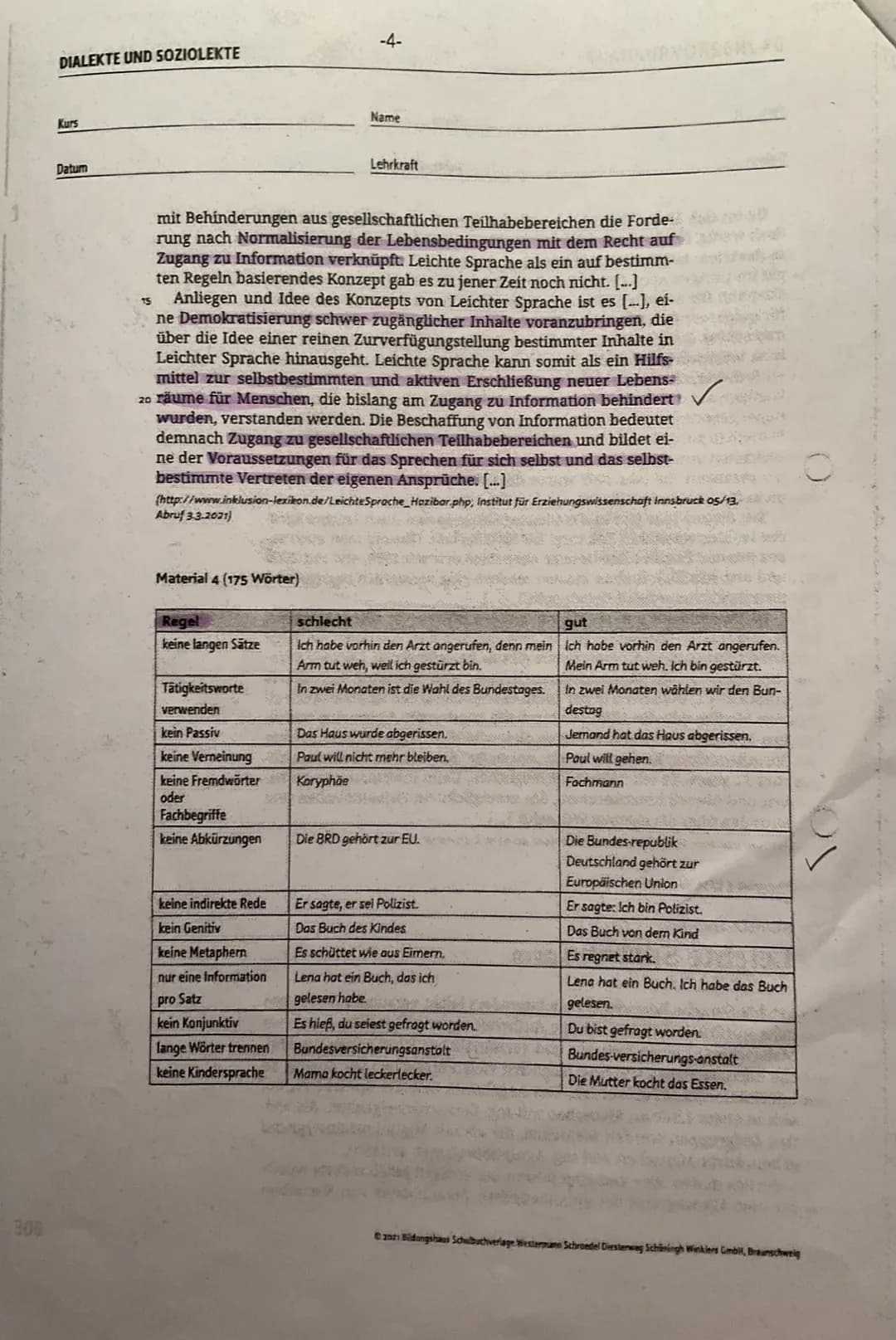 20
D GK
Datum 29.11.2021
•
Kurs
.
-1-
Name
Lehrkraft
10 Ein Deutschkurs Ihrer Schule hat sich im Unterricht mit dem Thema
Leichte Sprache" b