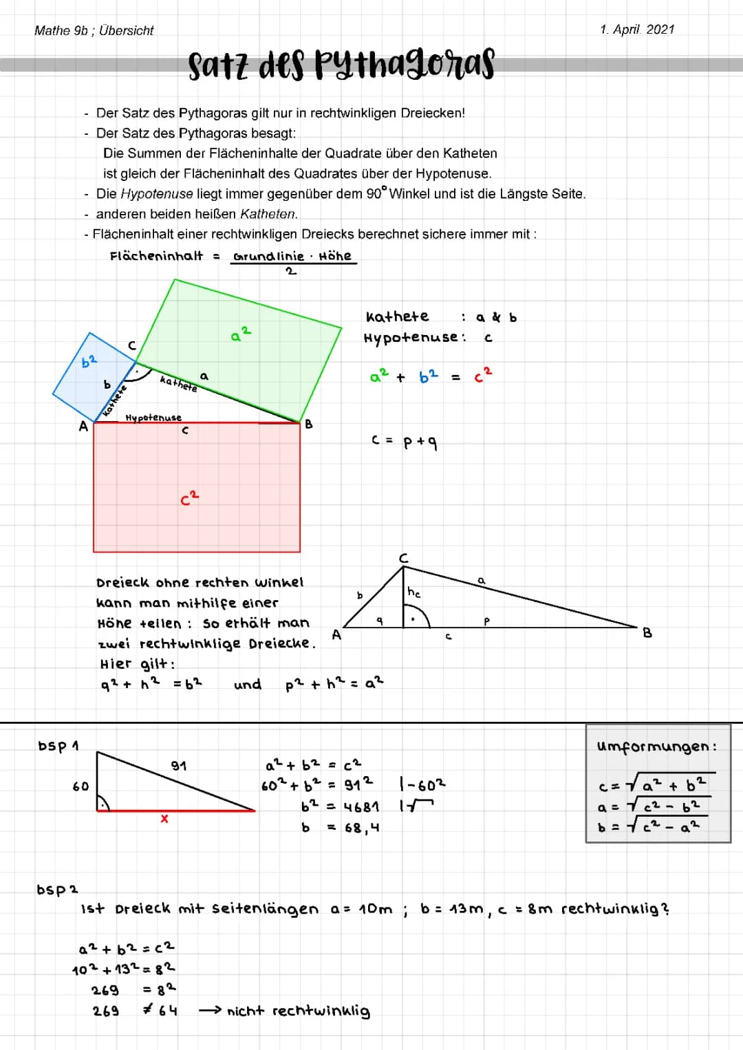 Satz des Pythagoras- Übersicht 