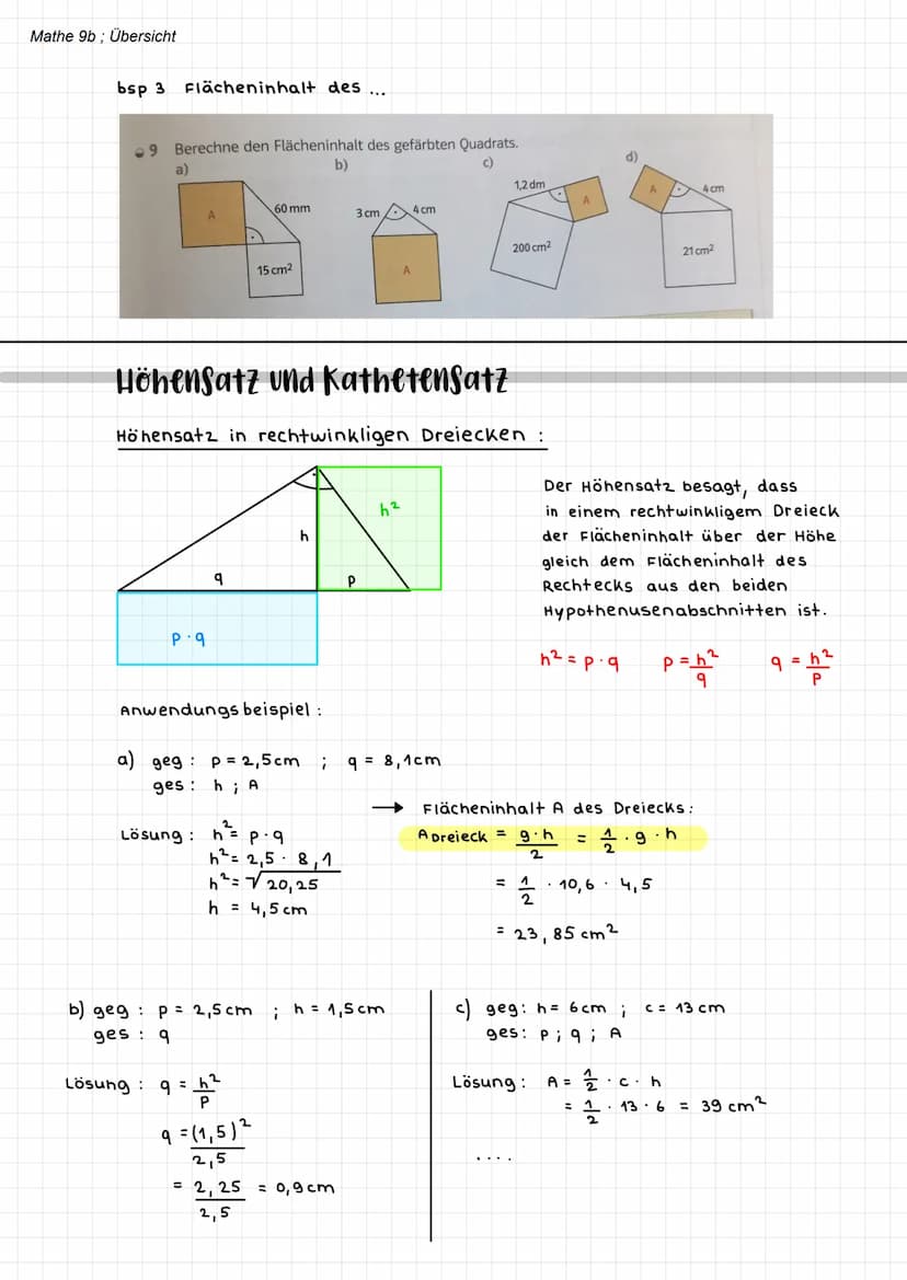 Mathe 9b; Übersicht
Satz des Pythagoras
Der Satz des Pythagoras gilt nur in rechtwinkligen Dreiecken!
- Der Satz des Pythagoras besagt:
Die 