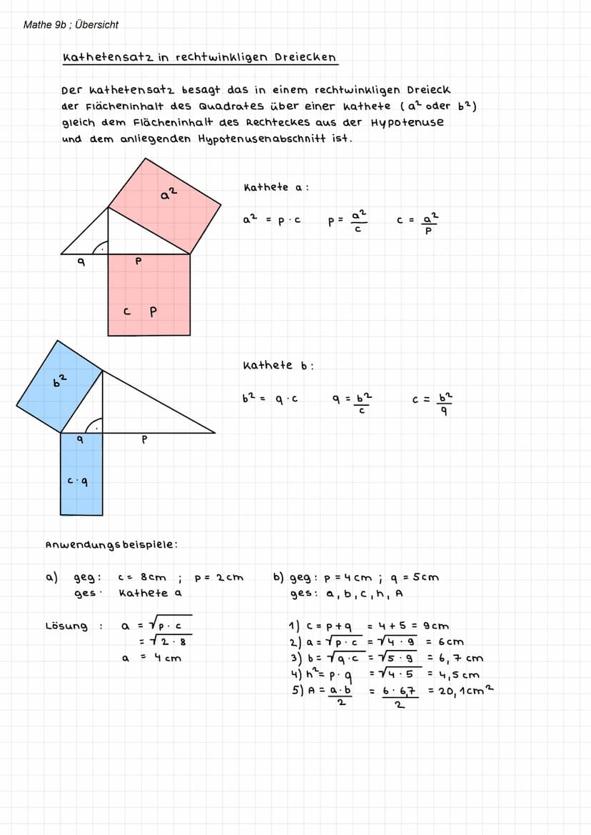 Mathe 9b; Übersicht
Satz des Pythagoras
Der Satz des Pythagoras gilt nur in rechtwinkligen Dreiecken!
- Der Satz des Pythagoras besagt:
Die 