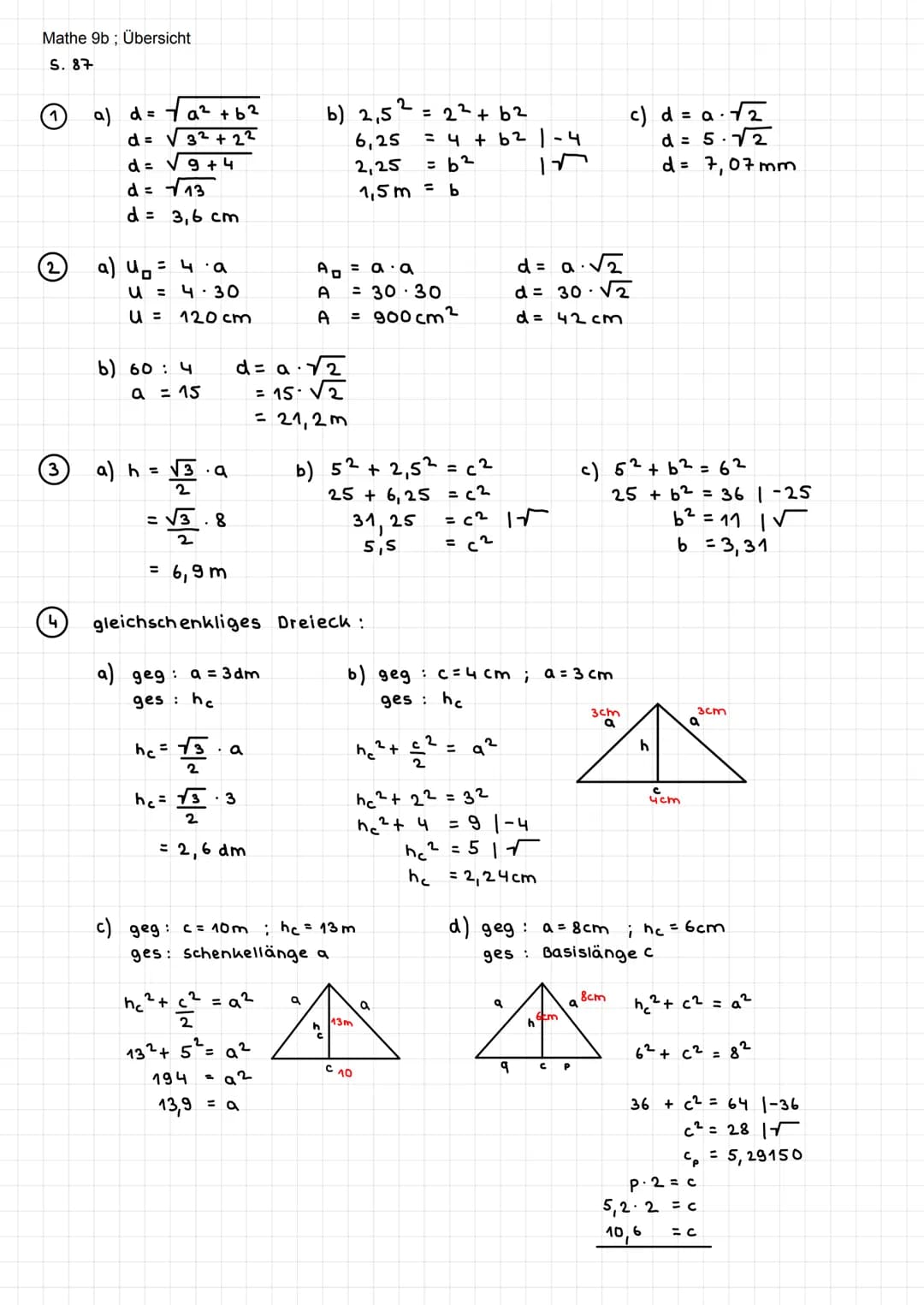 Mathe 9b; Übersicht
Satz des Pythagoras
Der Satz des Pythagoras gilt nur in rechtwinkligen Dreiecken!
- Der Satz des Pythagoras besagt:
Die 
