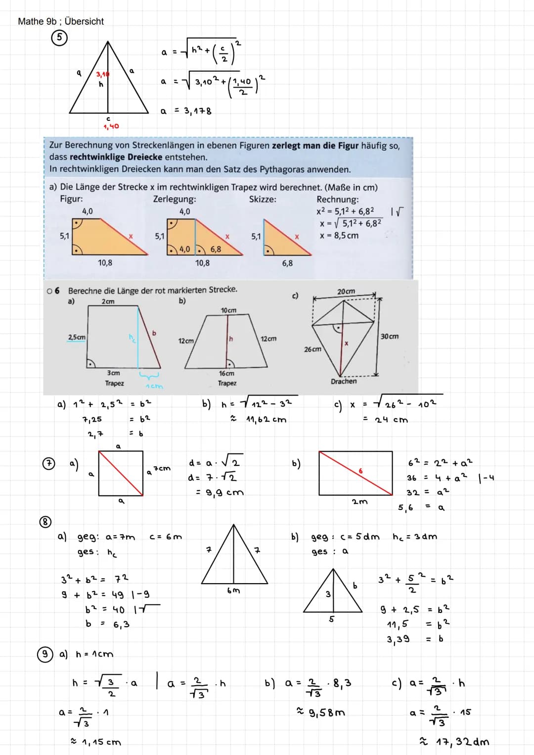 Mathe 9b; Übersicht
Satz des Pythagoras
Der Satz des Pythagoras gilt nur in rechtwinkligen Dreiecken!
- Der Satz des Pythagoras besagt:
Die 