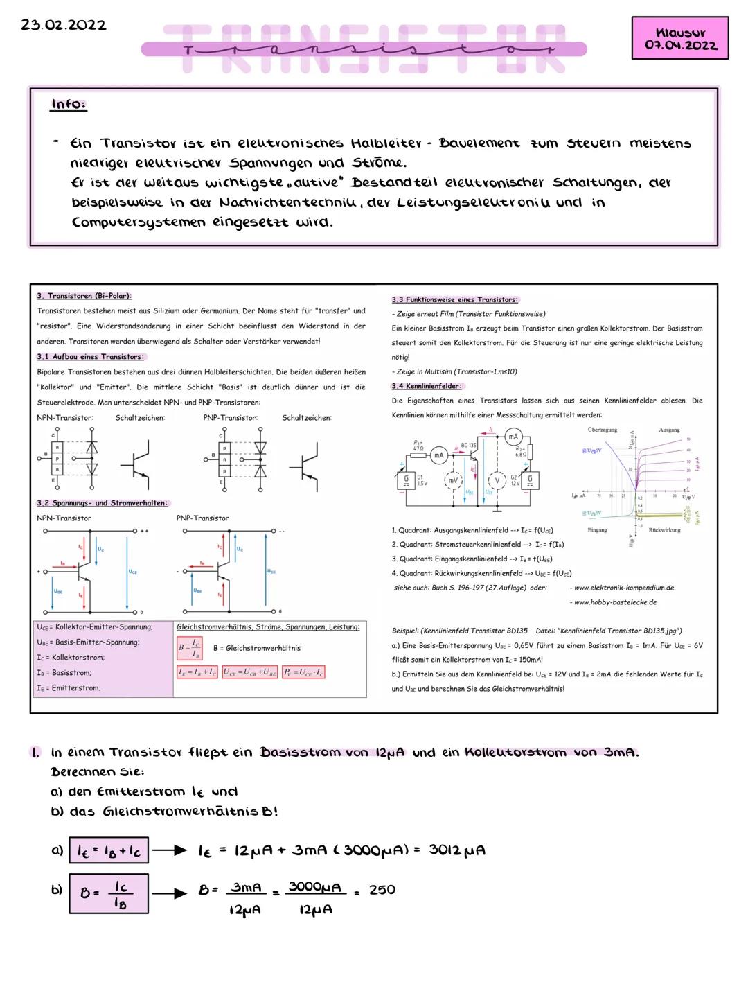 23.02.2022

Klausur
07.04.2022

Info:
- Ein Transistor ist ein eleutronisches Halbleiter Bavelement zum Stevern meistens
niedriger eleutrisc
