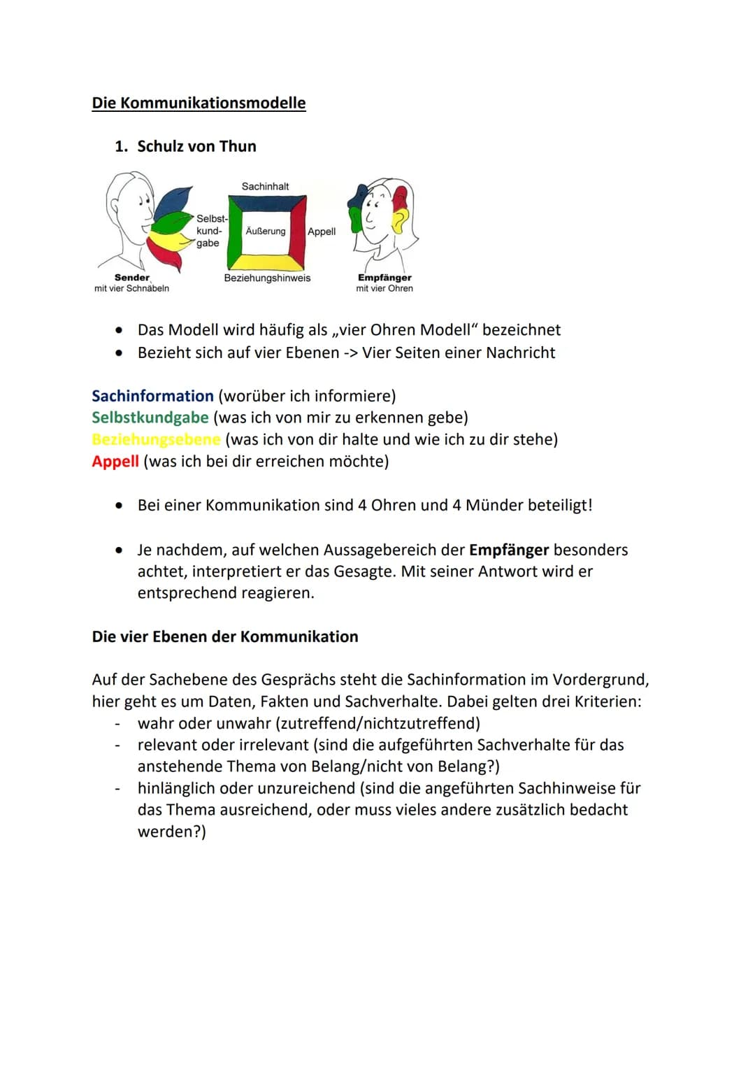 Die Kommunikationsmodelle
1. Schulz von Thun
Sender
mit vier Schnäbeln
●
●
Selbst-
kund-
gabe
Sachinhalt
Äußerung
Appell
Beziehungshinweis
E