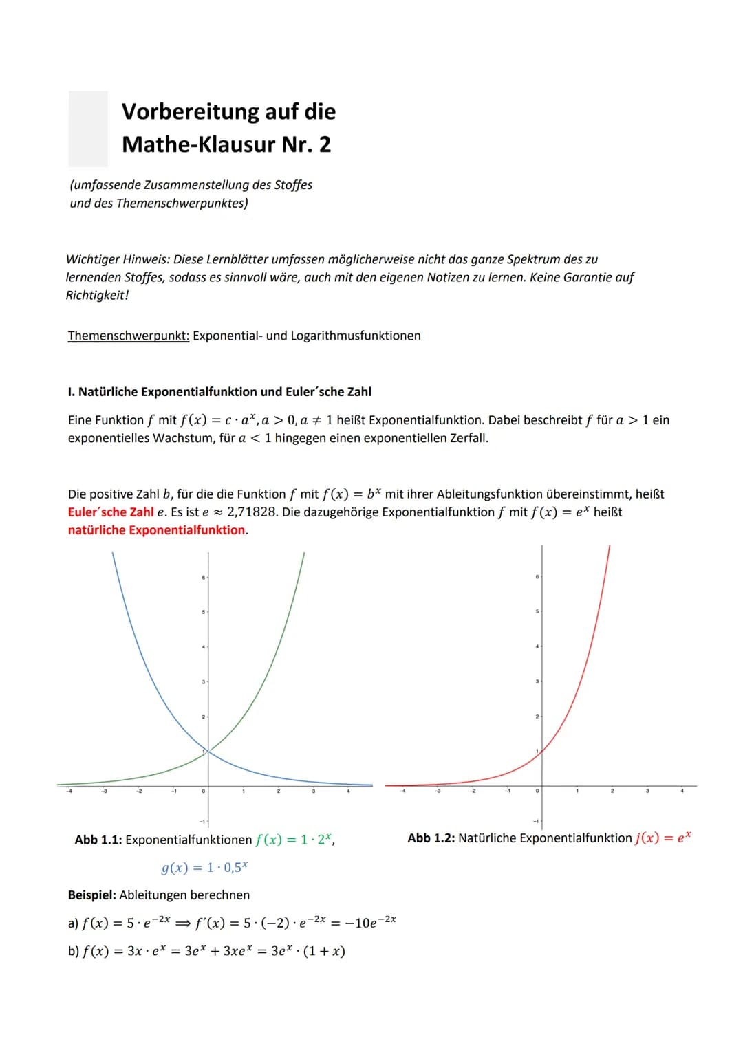 Vorbereitung auf die
Mathe-Klausur
Nr. 2
(umfassende Zusammenstellung des Stoffes
und des Themenschwerpunktes)
Wichtiger Hinweis: Diese Lern