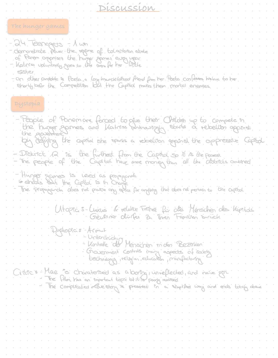 Discussion:
The hunger games
-24 Teenagers - 1 con
- demonstrate power the regime of totalitarion state
of Parem organises the hunger games 