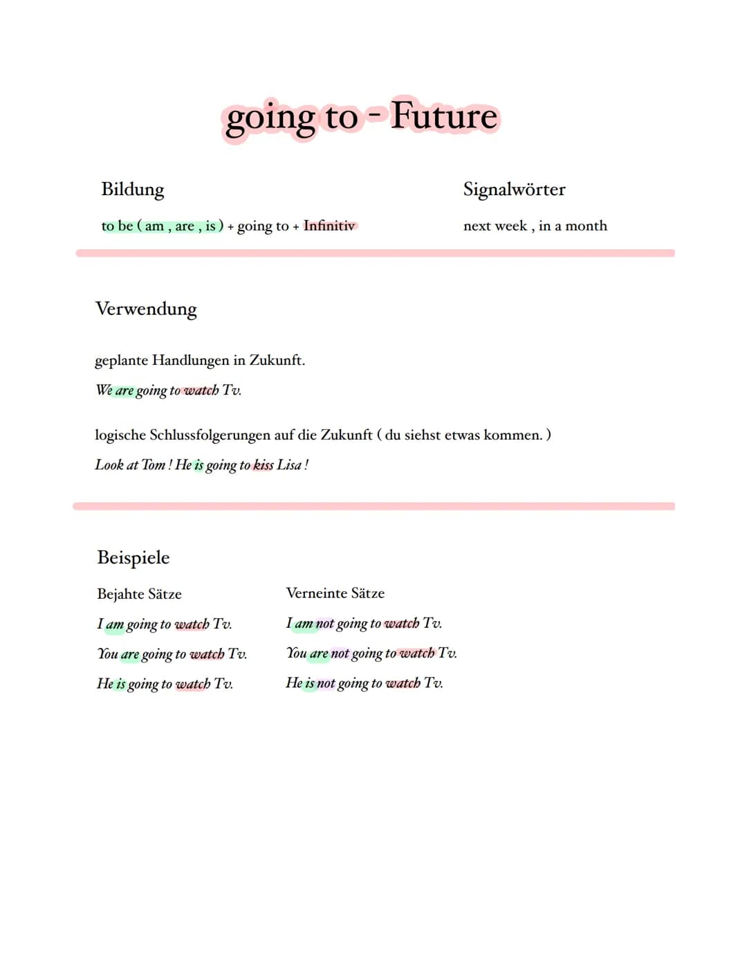 going to Future
Bildung
to be (am, are, is) + going to + Infinitiv
Verwendung
geplante Handlungen in Zukunft.
We are going to watch Tv.
logi