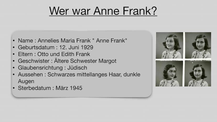 DAS LEBEN DER ANNE FRANK
SEMRA KAYA, JOLINE KAIB Wer war
Anne
Charaktereige
nschaften
Was macht ihre
Geschichte so
besonders
Gliederung
Wich